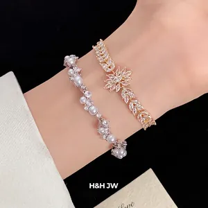Elegant gold-tone zircon wheat ear and silver-tone pearl bracelet set for women