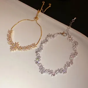 Elegant zircon wheat leaf and pearl charm bracelets for women