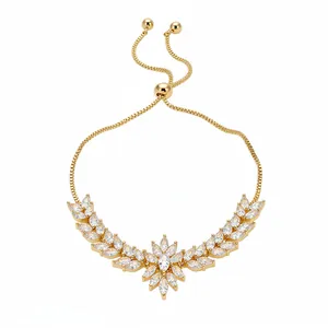 Elegant gold-tone zircon wheat flower adjustable slider bracelet for women