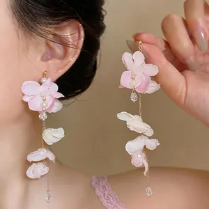 Fairy Pink Fabric Flower Long Tassel Drop Earrings With 925 Sterling Silver Post Sweet Vacation Style Jewelry For Women