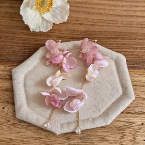 Elegant long pink flower petal tassel earrings for a sweet summer vacation look