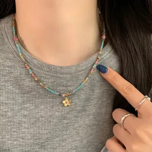 Stainless Steel Stone Beaded Flower Pendant Necklace Retro Ethnic Style Clavicle Chain Multi-colored Jewelry For Women