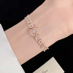 Detailed view of elegant zircon wheat ear flower bracelet with sparkling marquise crystals