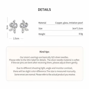 Product detail showing flower earrings specifications: copper, glass, and imitation pearl.