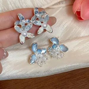 Elegant silver needle flower pearl stud earrings and blue crystal floral earrings set