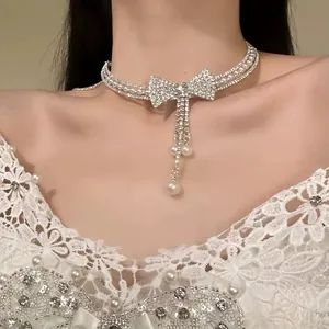 Elegant Rhinestone Bowknot Artificial Pearl Choker Necklace Silver Alloy Tassel Clavicle Chain For Women Wedding Banquet Party Jewelry