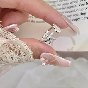 Vacation Style Shell Starfish Open Ring For Women Adjustable Fashion Finger Jewelry Simple Light Luxury Copper Electroplated Rings