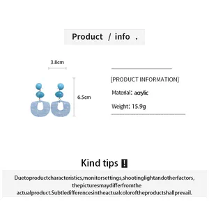 Blue acrylic geometric drop earrings with detailed size measurements and material specs