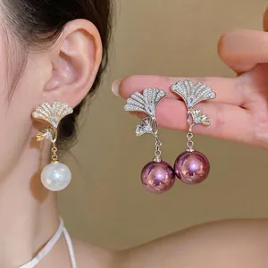 Pendientes Colgantes de Perla Artificial con Hoja de Ginkgo y Circonia Diseño Francés Poste de Plata 925 para Mujer Joyería