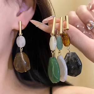 Vintage Resin Geometric Drop Earrings For Women Luxurious Gold Plated Copper Long Dangle Earrings With Silver Post Fashion Jewelry