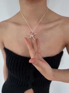 Close-up detail of a minimalist silver starfish pendant necklace worn by a model in black top