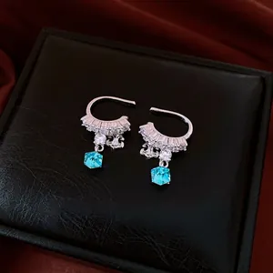 Elegant non-piercing sparkling zircon flower clip-on earrings with blue stone drop