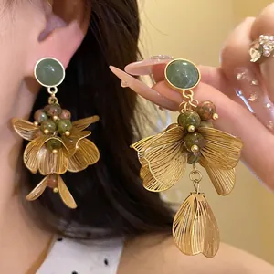 Vintage Alloy Hollow Out Flower Tassel Drop Earrings With Silver Earring Post Gold Green Colored Stone Jewelry For Women