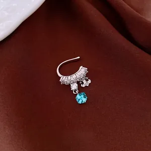 Elegant sparkling zircon flower ear cuff with blue crystal drop for non-pierced ears