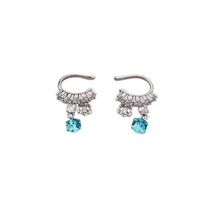 Sparkling silver ear cuffs with cubic zirconia and blue crystal dangles for women