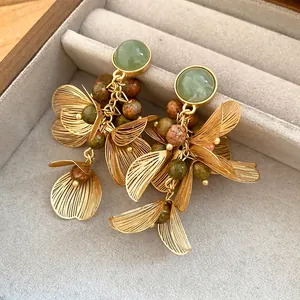 Elegant gold floral petal tassel earrings with multi-color stones and silver needles
