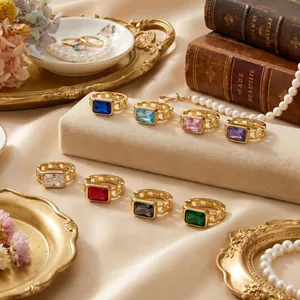 Retro 18K gold plated titanium steel rings with colorful square zircon gems