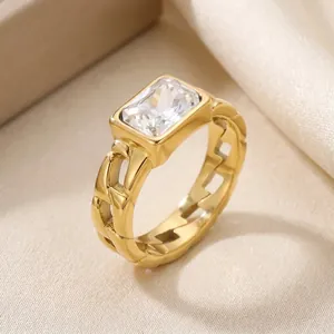 Close-up of 18K gold plated titanium steel ring featuring a rectangular clear zircon