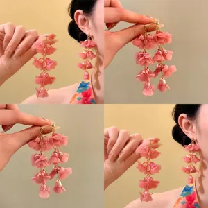 Handmade Fabric Lily Of The Valley Tassel Earrings Pink Blue Floral Dangle Drop Earrings Vacation Fashion Jewelry For Women