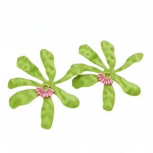 Large green pleated flower drop earrings with pink bead accents and silver needles
