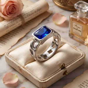 Vintage stainless steel ring with large blue gemstone and Cuban link band on jewelry box