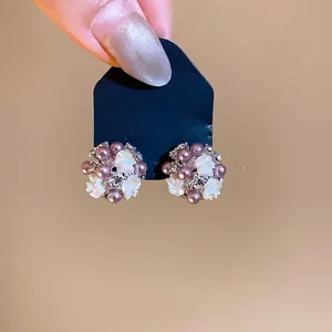 French style floral pearl stud earrings with sparkling rhinestones for women's summer