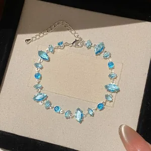 Fashion Minimalist Copper Blue Zirconia Bracelet For Women Silver Plated Oval Geometric Inlaid Adjustable Light Luxury Jewelry