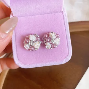 Elegant French floral stud earrings with pearls and rhinestones in pink jewelry box