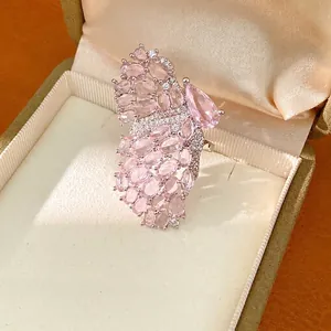 Luxury Copper Pink Zirconia Butterfly Wings Open Ring Silver Plated Adjustable Fashion Statement Index Finger Ring For Women