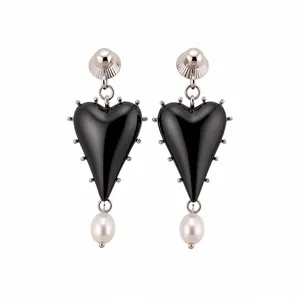 Elegant black resin heart drop earrings featuring pearl pendants and silver metallic studs