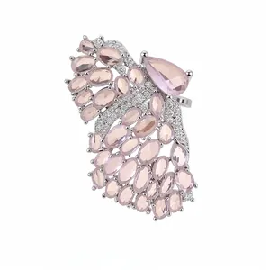 Exquisite silver-tone butterfly wing open ring set with delicate pink gemstones and crystals