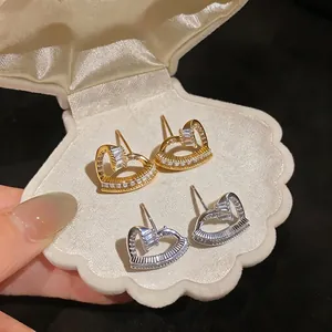 French Luxury Twisted Heart Zirconia Stud Earrings With 925 Sterling Silver Post For Women Exquisite Copper Jewelry Gold Silver Color