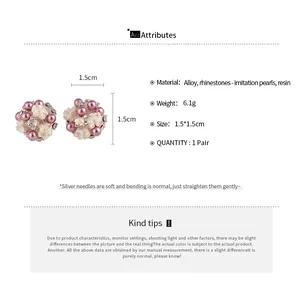 Detailed specifications of French floral stud earrings with pearls and rhinestones