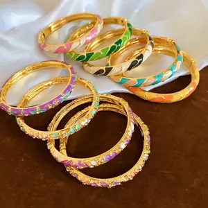 Bracelets joncs émaillés dorés de style chinois élégant avec motifs floraux colorés