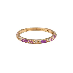 Élégant bracelet jonc doré avec motifs floraux en émail violet et blanc et cristaux