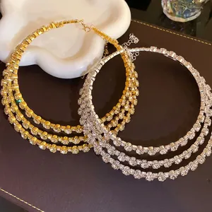 Luxury 3-Layer Round Rhinestone Choker Necklace Iron Metal Chain Fashion Dainty Neck Jewelry For Women Wedding Party Gift