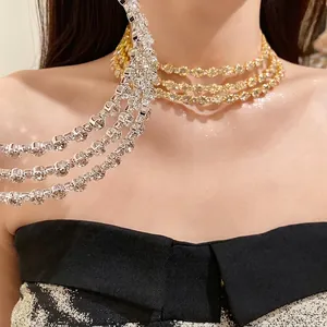 Elegant three-layer rhinestone choker necklace shown on model for luxury evening look