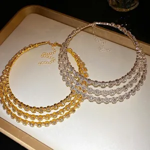 Luxury three-layer rhinestone choker necklaces in gold and silver finishes for women