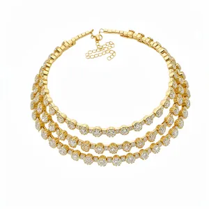 Elegant gold-plated three-layer choker necklace with sparkling round cubic zirconia.