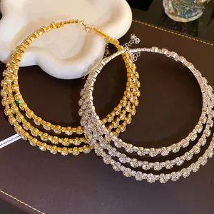 Luxurious three-layer rhinestone choker necklace in gold and silver finishes for women