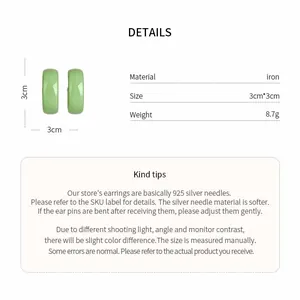 Detailed specs of green spray-painted hoop earrings with 925 silver pins and dimensions.