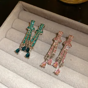Elegant retro silver needle rhinestone teardrop dangle earrings in emerald green and soft pink