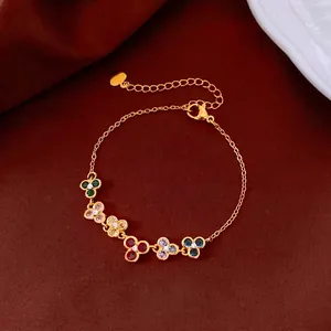Bracelet Fleur en Zirconia Style Royal Français Vintage Multicolore Zirconia Plaque Or Cuivre Chaîne Bracelet pour Femme Bijoux