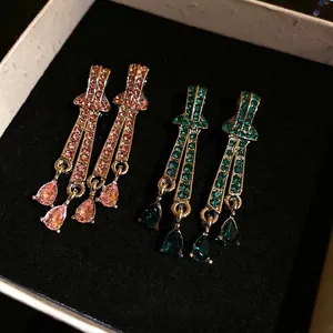 Vintage elegant rhinestone teardrop dangle earrings with pink and green crystals