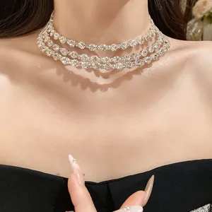 Exquisite close-up of a sparkling three-layer rhinestone choker necklace for women