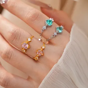 Bague Chaîne Réglable de Luxe en Cuivre et Zirconia Carré Losange pour Femme Élégant Bijoux de Mode Géométrique Cadeau Anello