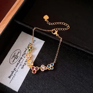 Bracelet fleur en zircon de style français avec pierres colorées doré vintage