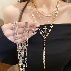 Women Layered Artificial Pearl Necklace With Rhinestone Cross Pendant Gold Silver Alloy Clavicle Chain Fashion Jewelry