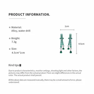 Product information of vintage green teardrop earrings with dimensions and materials.