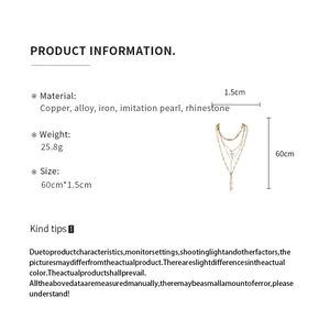 Multilayer pearl necklace with cross pendant product specifications and size detail info.